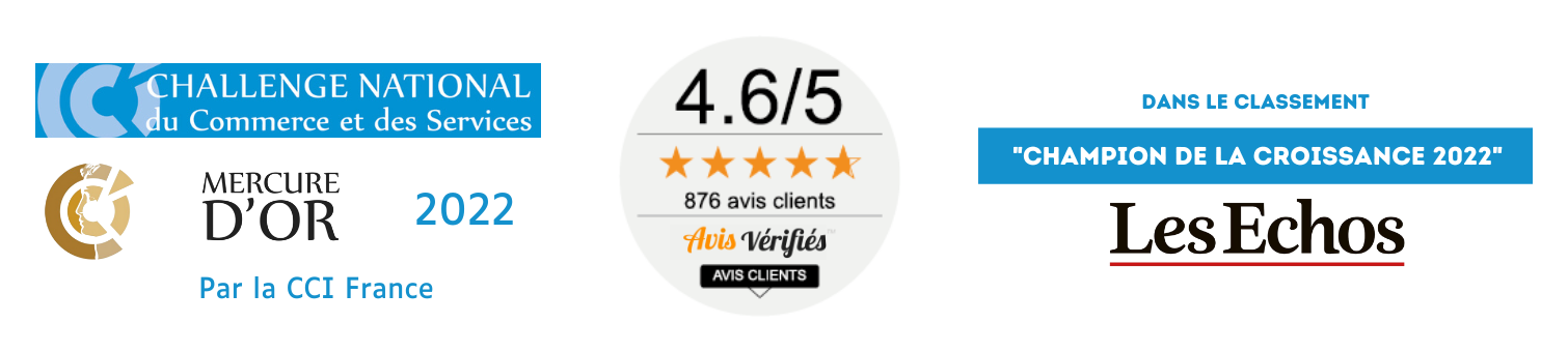 Quelques uns de prix reçus : Mercure d'Or 2022 par la CCI France, Une note de 4.6 sur 5 sur 876 avis clients sur avis vérifiés et présence dans le classement 'champions de la croissance 2022' réalisé par les Echos